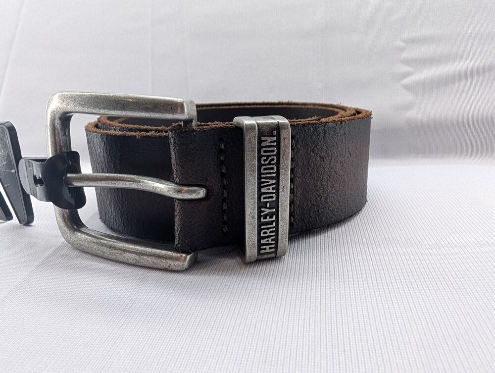 NWT Harley Davidson Men's Metal Keeper Logo Genuine Leather Belt in Brown sz Med